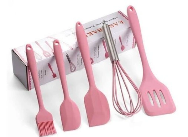 5 Pcs silicon brush spatula whisk and other silicon kitchen tools box  Set of 5 Piece - Pink, Manual